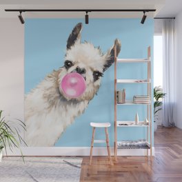 Bubble Gum Sneaky Llama in Blue Wall Mural