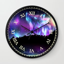 Northern landscape with howling wolf spirit and aurora borealis Wall Clock