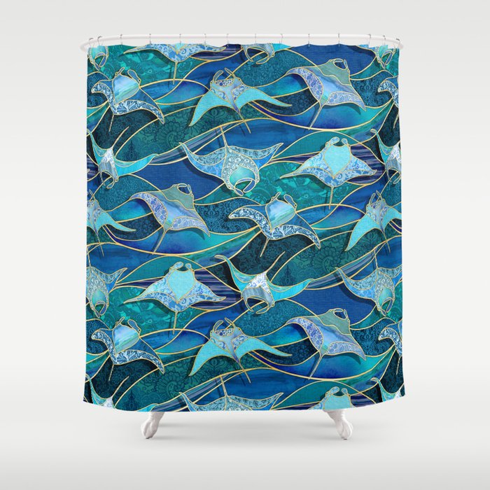 Patchwork Manta Rays in Sapphire and Turquoise Blue Shower Curtain