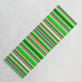 [ Thumbnail: Eyecatching Lime, Green, Dark Salmon, Slate Gray & Beige Colored Striped/Lined Pattern Yoga Mat ]