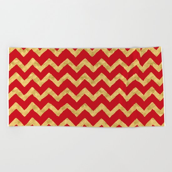 Chevron Red Gold Beach Towel