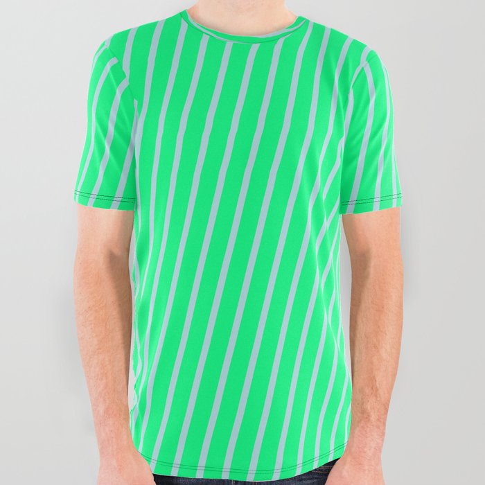 Green & Powder Blue Colored Pattern of Stripes All Over Graphic Tee