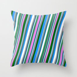 [ Thumbnail: Vibrant Sea Green, Violet, Dark Green, Blue, and White Colored Stripes/Lines Pattern Throw Pillow ]