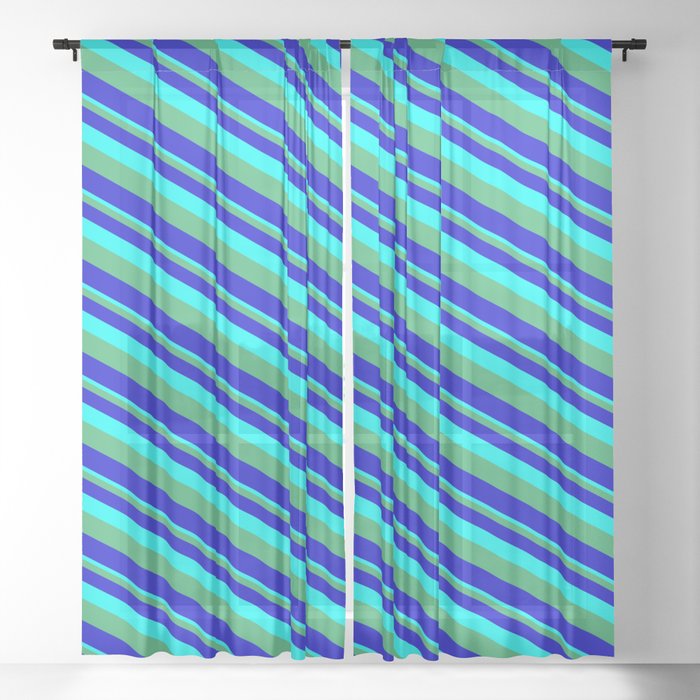 Aqua, Sea Green & Blue Colored Striped/Lined Pattern Sheer Curtain