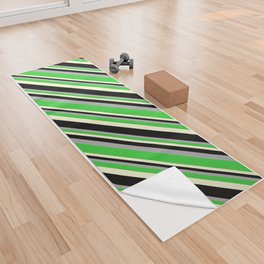 [ Thumbnail: Dark Grey, Lime Green, Light Yellow, and Black Colored Pattern of Stripes Yoga Towel ]