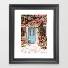 Tinos Street view in Greece with Blue Door and Pink Flowers,  Cycladitic Architecture in Greek Islands Framed Art Print