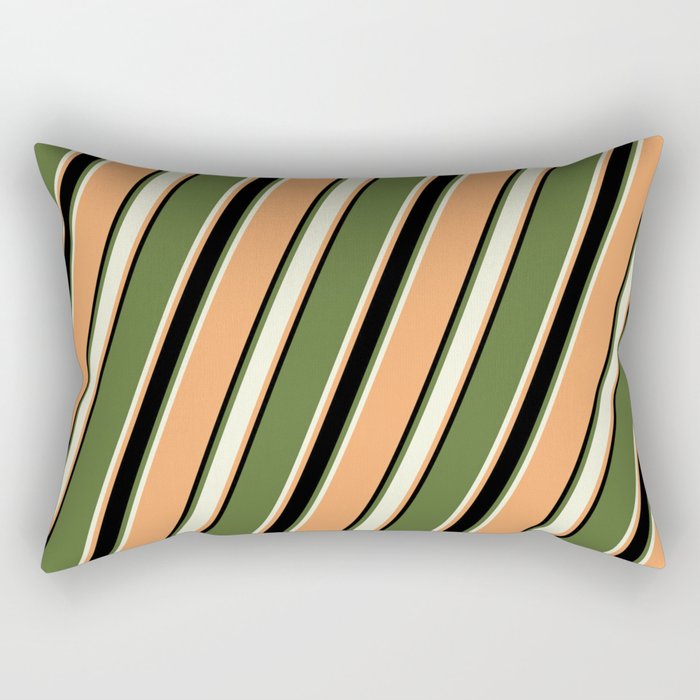 Dark Olive Green, Beige, Brown & Black Colored Pattern of Stripes Rectangular Pillow
