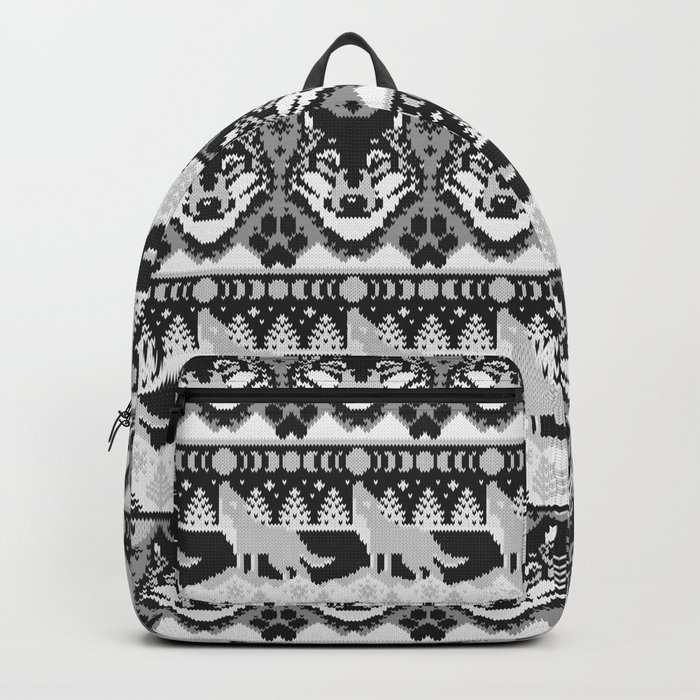 Fair isle knitting grey wolf // black and white wolves moons and pine trees Backpack