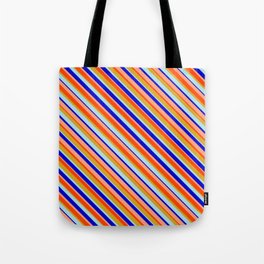 [ Thumbnail: Eye-catching Red, Goldenrod, Powder Blue, Blue, and Light Salmon Colored Lined/Striped Pattern Tote Bag ]