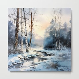 Watercolor Forest Creek in Winter Paradise Metal Print