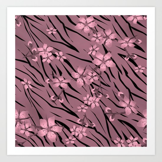 Pink floral pattern on a tiger background. Art Print