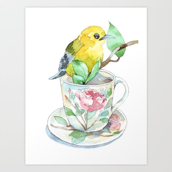 roses tea cup and a yellow bird Art Print