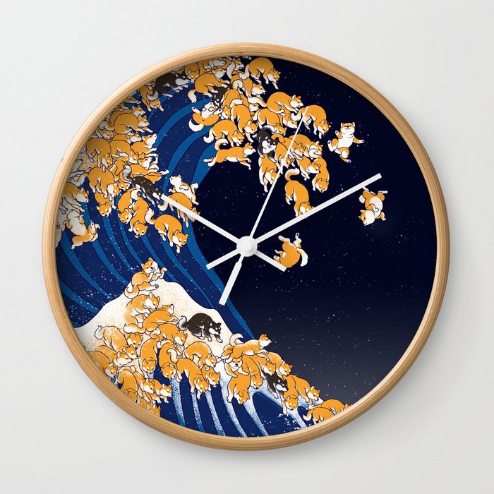 Shiba Inu The Great Wave in Night Wall Clock