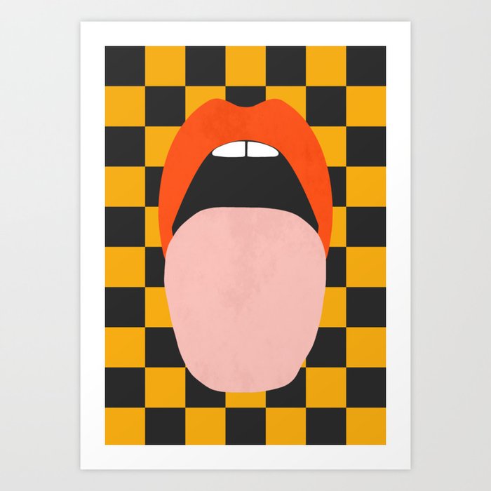 Funky minimalist pop art sexy lips tongue black yellow check Art Print