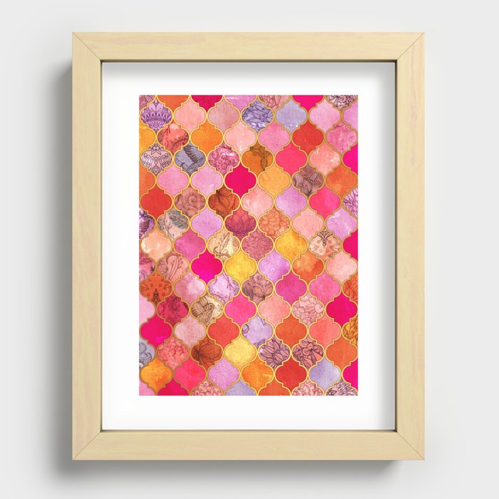 Hot Pink, Gold, Tangerine & Taupe Decorative Moroccan Tile Pattern Recessed Framed Print