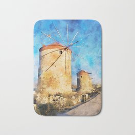 Brown Windmill Near Body Of Water During Daytime Bath Mat | Rhodos, Engine, Lighthouse, Painting, Vacation, Motor, Turbine, Windturbine, Windmills, Tower 