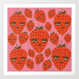 Unimpressed Strawberry Art Print | Berry, Pink, Vintage, Fruit, Strawberry, Drawing, Red, Pattern, Digital, Faces 