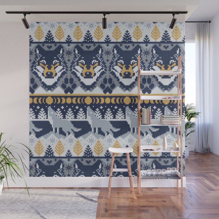 Fair isle knitting grey wolf // navy blue and grey wolves yellow moons and pine trees Wall Mural