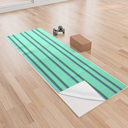 [ Thumbnail: Aquamarine, Forest Green, and Slate Blue Colored Lined Pattern Yoga Towel ]