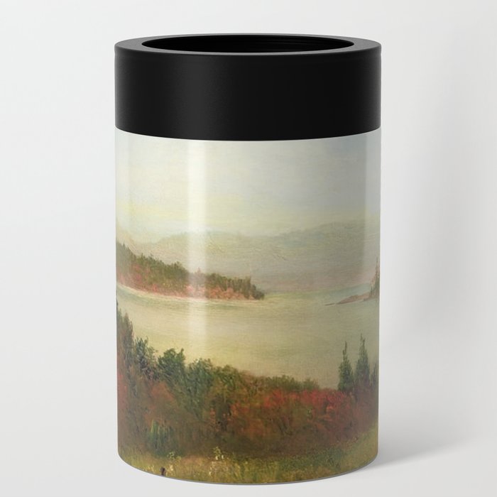 Autumn New England maple tree and birch October foliage lake sunrise alpine landscape painting by H. Dodge Martin Can Cooler