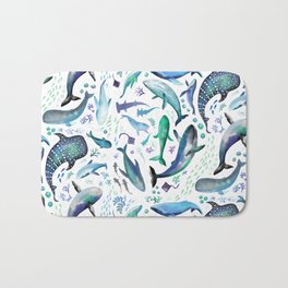 Ocean Diving with Whales - Swirl Remix - on White  Bath Mat | Fish, Whales, Pattern, Painting, Sharks, Humpbackwhales, Watercolor, Ocean, Jellyfish, Seadragon 