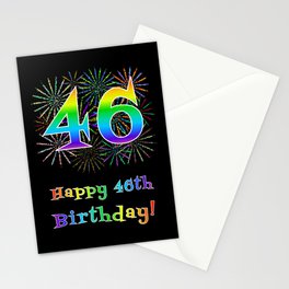 [ Thumbnail: 46th Birthday - Fun Rainbow Spectrum Gradient Pattern Text, Bursting Fireworks Inspired Background Stationery Cards ]