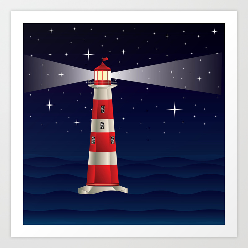 Cartoon Landscape With Lighthouse Night Sea And Starry Sky Art Print By Annartshock Society6