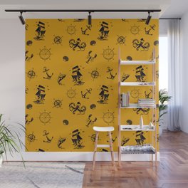 Mustard And Blue Silhouettes Of Vintage Nautical Pattern Wall Mural