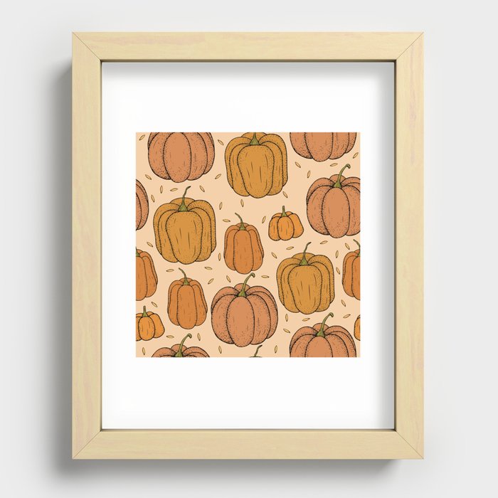 Autumn seamless pattern with different pumpkins and seeds on beige background Recessed Framed Print
