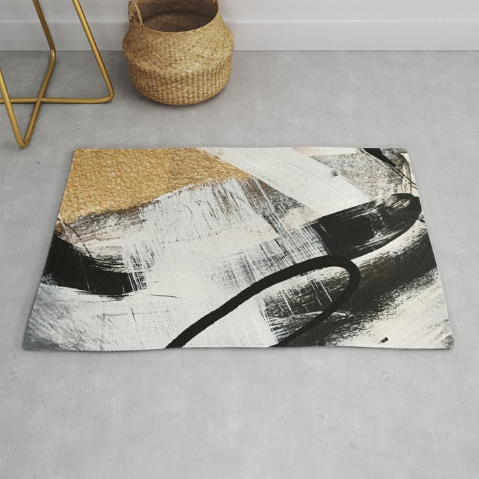 Armor [9]: a minimal abstract piece in black white and gold by Alyssa Hamilton Art Rug
