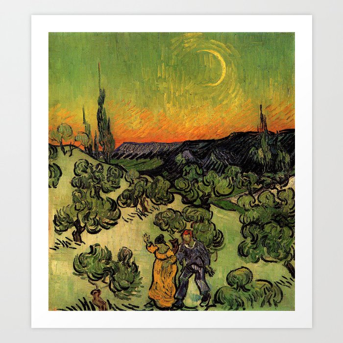 Vincent Van Gogh Landscape with Couple Walking and Crescent Moon Art Print