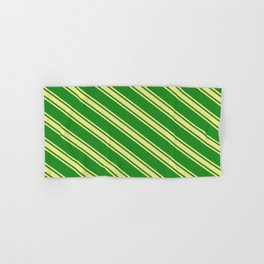[ Thumbnail: Forest Green & Tan Colored Lines Pattern Hand & Bath Towel ]
