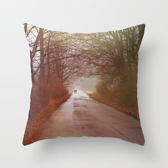 Winter Forest Road - Red Nature Landscape Throw Pillow