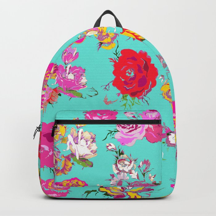 Floral with pink, red, yellow, and cream blooms. Version2 Backpack