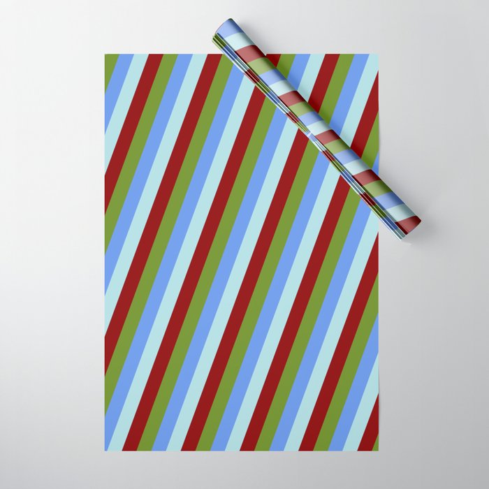 Cornflower Blue, Powder Blue, Dark Red, and Green Colored Lined/Striped Pattern Wrapping Paper