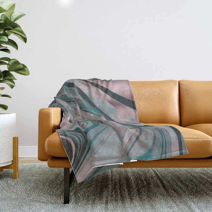 Shiny Rose Gold And Teal Marble Gemstone Throw Blanket