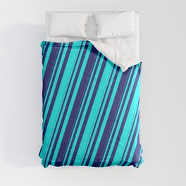 [ Thumbnail: Cyan & Midnight Blue Colored Stripes/Lines Pattern Comforter ]