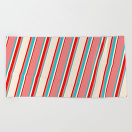 [ Thumbnail: Light Coral, Dark Turquoise, Beige & Red Colored Lines/Stripes Pattern Beach Towel ]