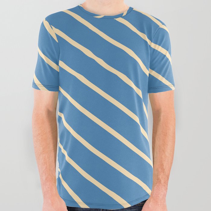 Beige and Blue Colored Lined/Striped Pattern All Over Graphic Tee