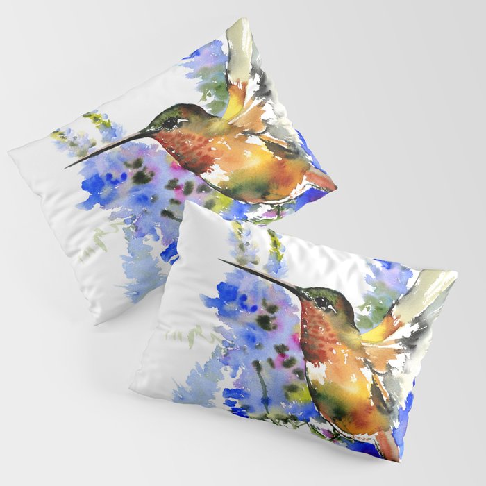 Alen's Hummingbird and Blue Flowers, floral bird design birds, watercolor floral bird art Pillow Sham