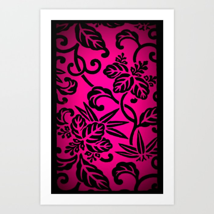Natural Elegance in Hot Pink and Black : Nishiki Brocade Japanese Pattern  Art Print