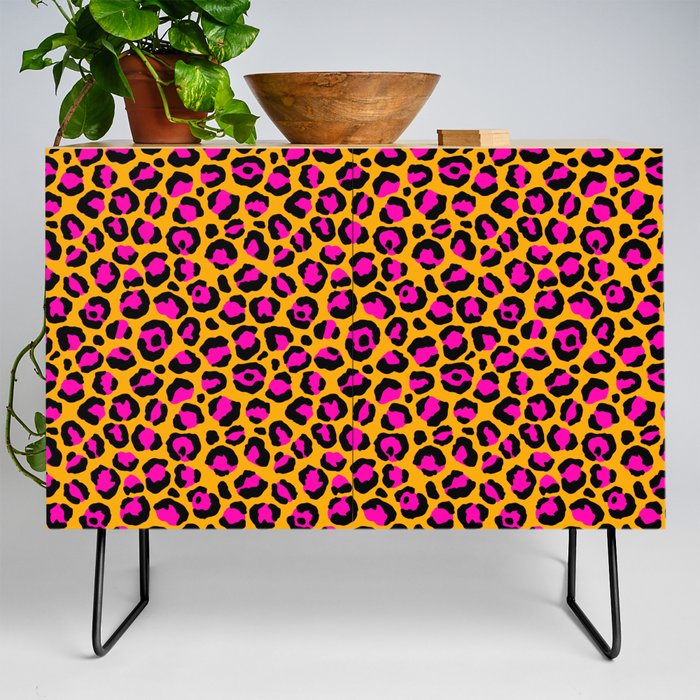 Neon Orange Pink Leopard Pattern Credenza