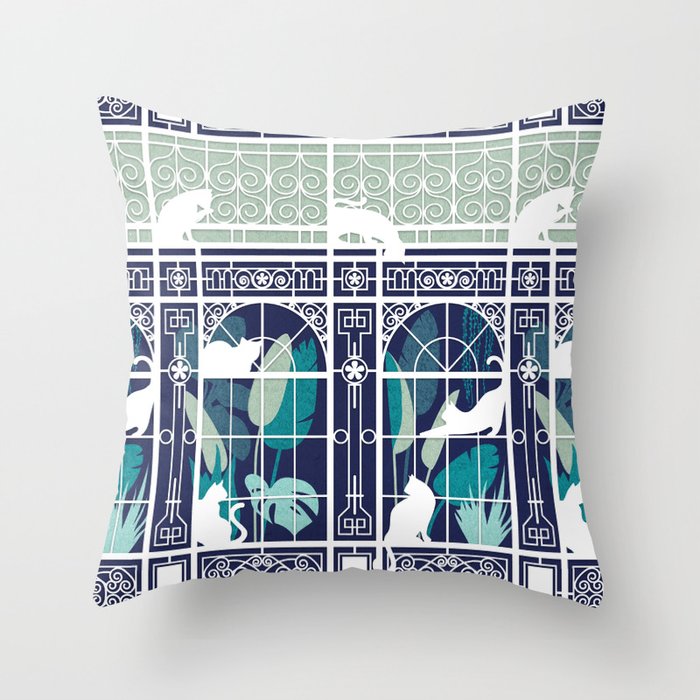 Indoor cat garden // oxford navy blue background green plants white cat silhouettes and cast-iron greenhouse architecture Throw Pillow