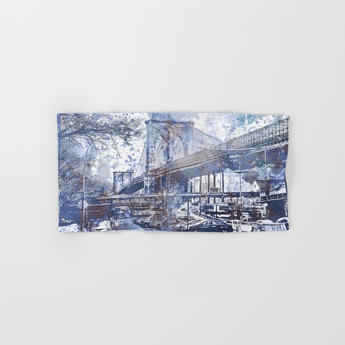 Brooklyn Bridge New York USA Watercolor blue Illustration Hand & Bath Towel