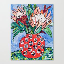 Protea Bouquet in Red Bulb vase on Ultramarine Blue Floral Still Life Painting Canvas Print