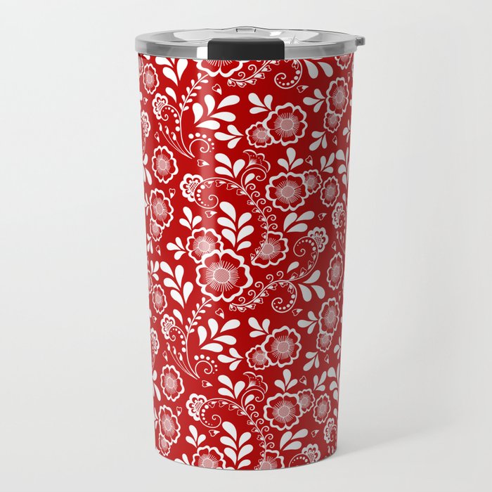 Red And White Eastern Floral Pattern Travel Mug