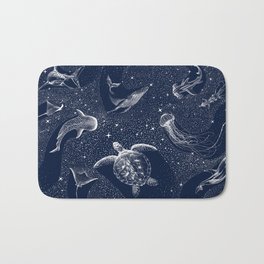 Cosmic Ocean Bath Mat | Sealife, Digital, Greenturle, Whaleshark, Squid, Sea, Drawing, Hammerheadshark, Stingray, Blue 