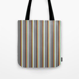 [ Thumbnail: Light Salmon, Black, Grey, Lavender, and Forest Green Colored Stripes Pattern Tote Bag ]