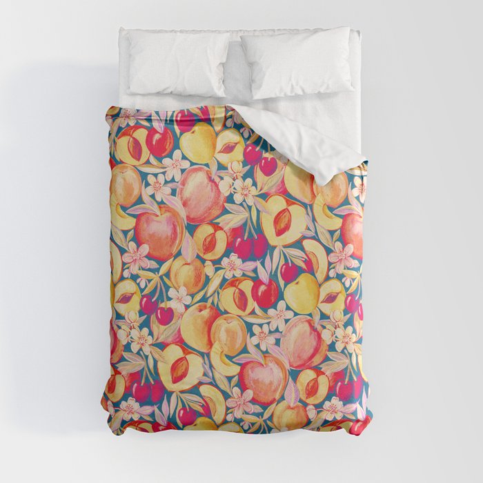 Retro Summer Cherries, Peaches and Apricots Duvet Cover