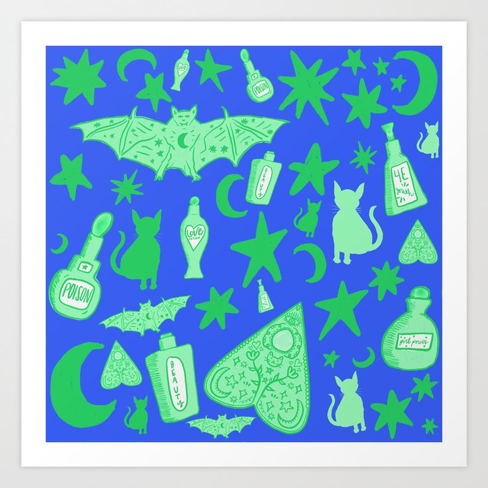 Witchy Halloween Doodles, Green over Blue Art Print